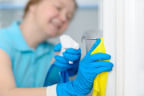 Professional carpet cleaner wearing PPE while working carefully