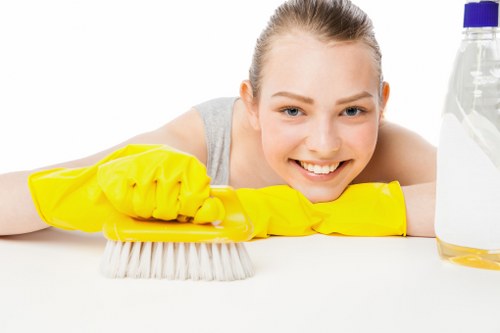Cleaning specialist treating a carpeted floor area
